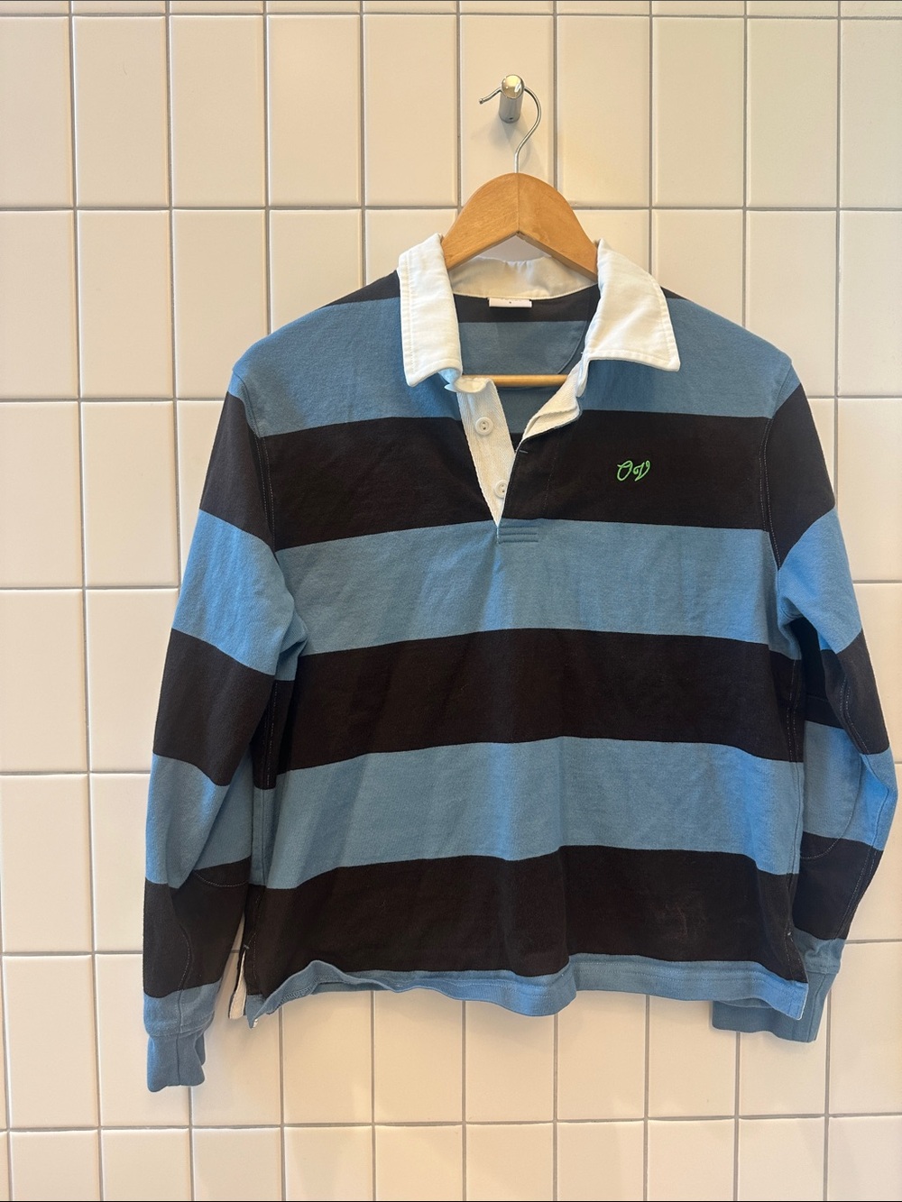 VGUC Outdoor Voices bluebird and chocolate oversized rugby shirt, S